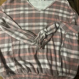 Plaid V-Neck Smocked Hem Sweater in Pink & Gray